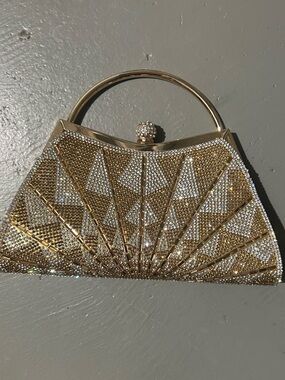 Gold and Silver Crystal Fan Clutch - Designer-Inspired Evening Bag